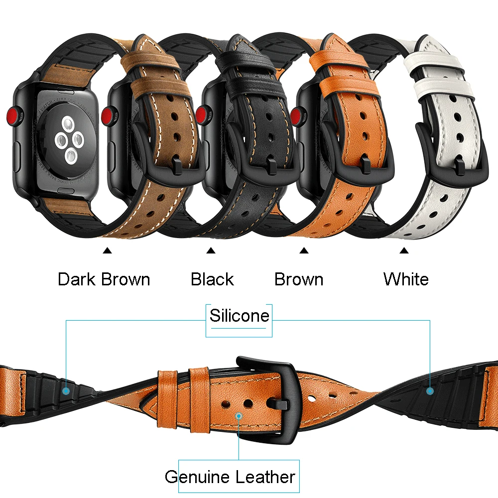 

Viotoo Leather straps for apple watch 5 4 3 44mm , soft rubber silicone band watch strap 38mm for iwatch black buckle