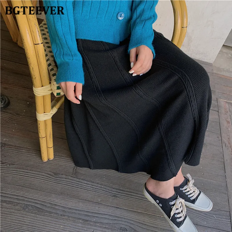 

BGTEEVER 2020 Autumn Winter Thick Long Knitted Skirts Women High Waist Loose Female A-line Skirts Vintage Maxi Sweater Skirts