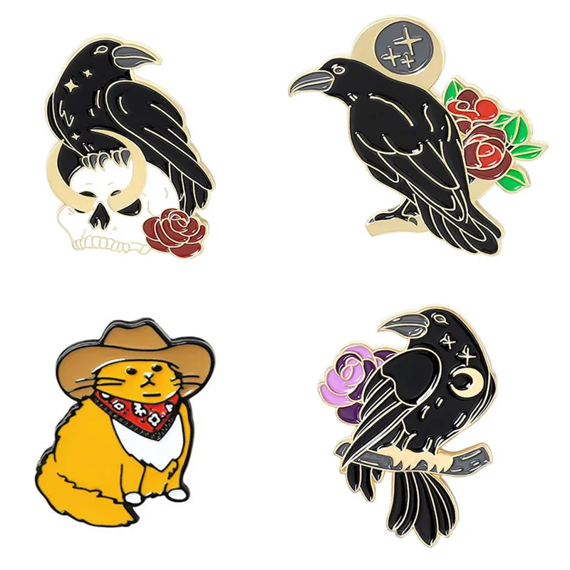 Черный значки птиц эмалевые броши в виде кота шпильки на рюкзак с изображением
