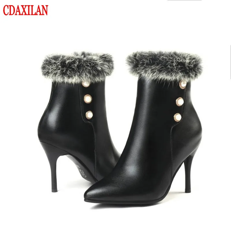 

New to Women'S boots rabbit fur boots PU leather zipper thin-high heels pointed toe short plush boot ladies ankle boots winter