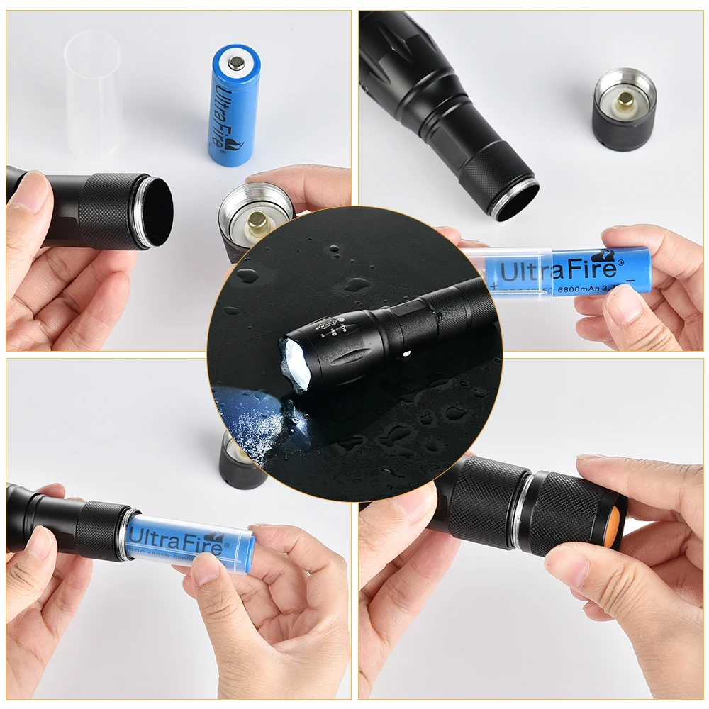 

Portable Rechargable LED Waterproof Flashlight Torch 5 Switch Modes Camping Adjustable Zoomable Focus Light Tactical Flashlight