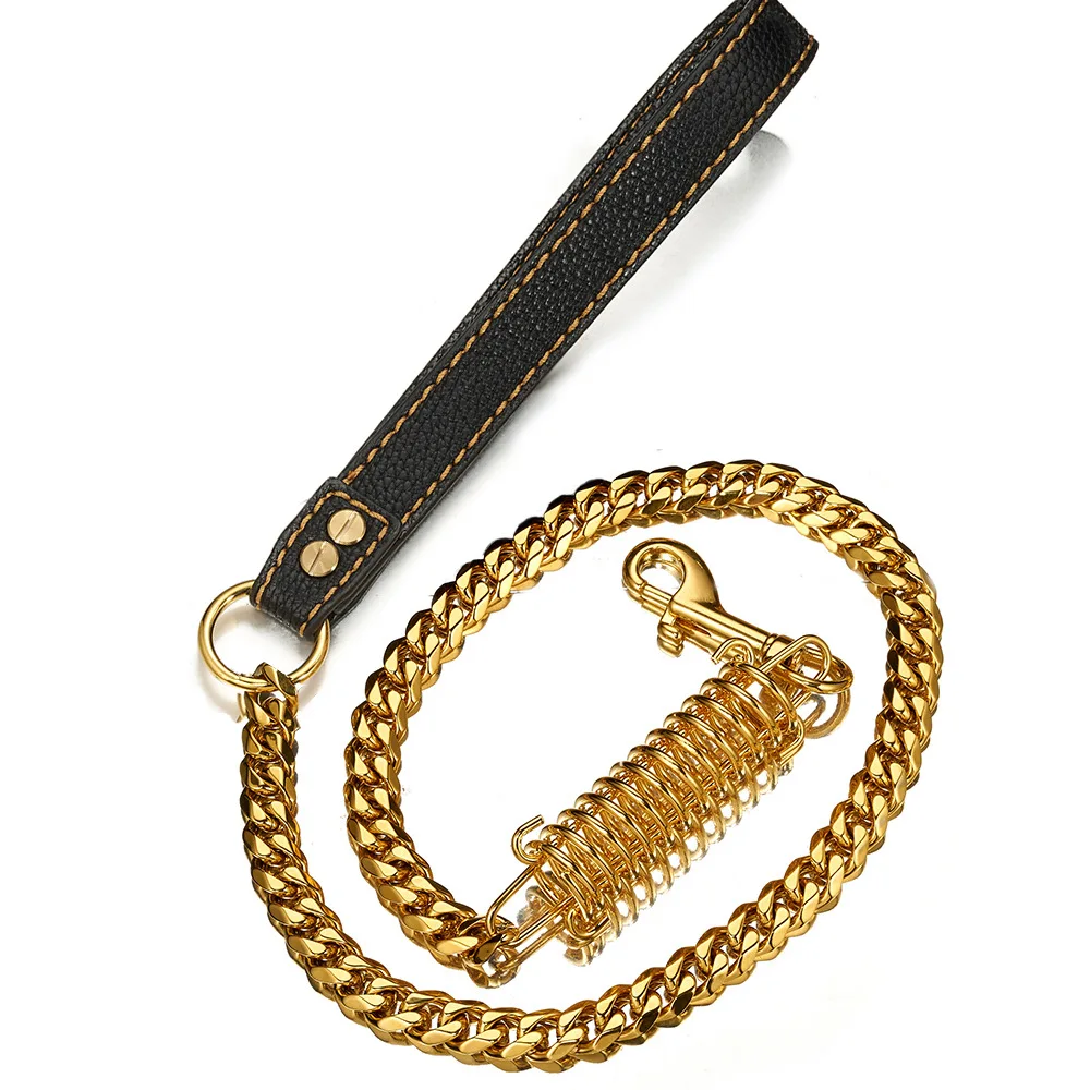 

New Cuban Curb Chain Stainless Steel Gold Link Chain Dog Leash Labor-Saving Spring Genuine Leather Handle For Large Medium Dog