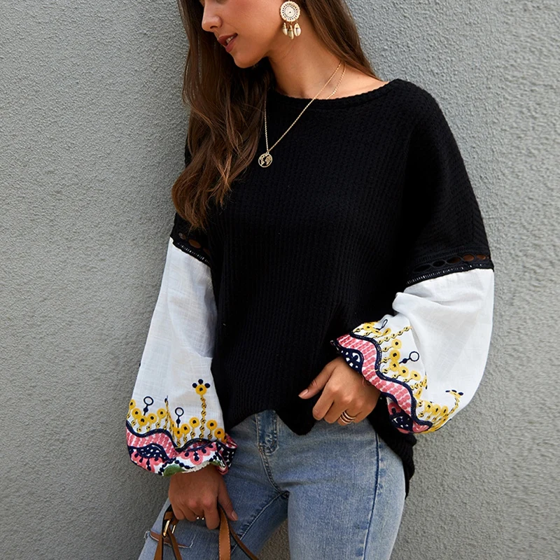 New ladies casual plus size sweater 8XL 7XL 6XL 5XL fashion knit stitching embroidery flower cuffs round neck bust 133CM | Женская