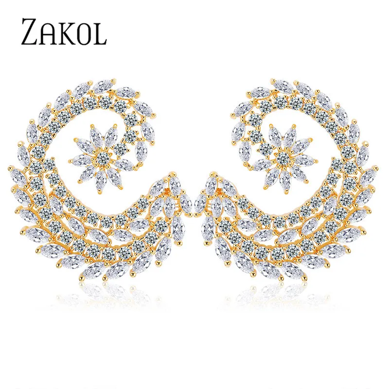 Роскошные серьги гвоздики ZAKOL с фианитом розовым и золотым цветочным узором