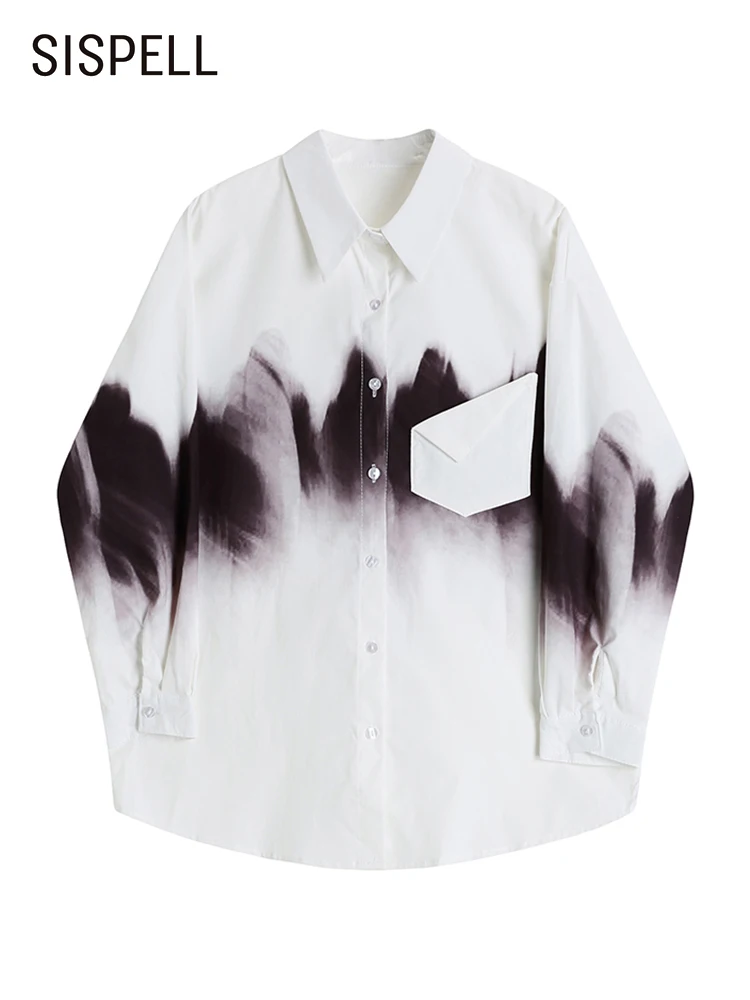 

SISPELL Casual Ombre Blouses For Women Lapel Loose Long Sleeve Single Breasted Two Tone Open Stitch Female 2021 Autumn Clothing