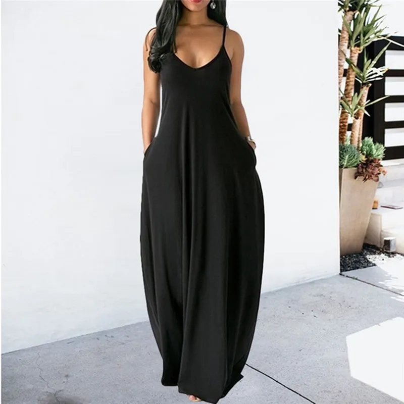 

Women's Summer Long Dress Loose Sexy Spaghetti Straps Sleeveless Pockets Solid Color Maxi Dress Casual Plus Size Beach Dresses