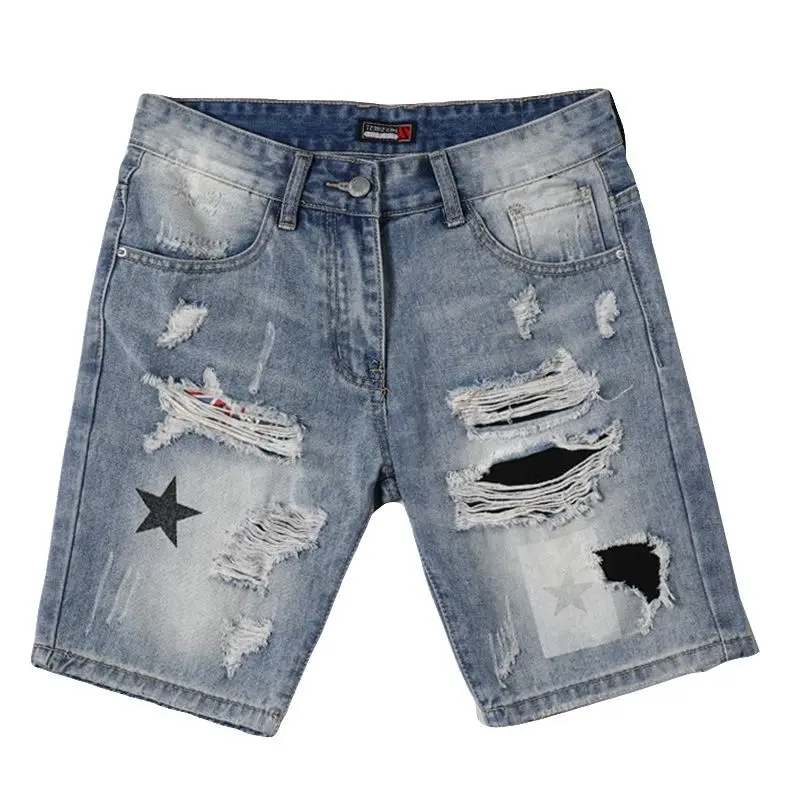 2021 summer tide brand denim shorts men's trend  spirit guy hole  pants men Ripped jeans knee length fashion elastic trousers