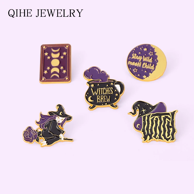 Волшебная книга на Хэллоуин эмалированные булавки лунное затмение ведьма шляпа