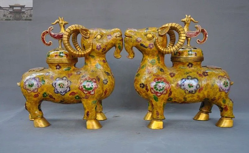 

Рождественская 12 "Старая бронзовая фигурка периода династии перегородчатая эмалированная позолоченная овечка Феникс благовония курильни...