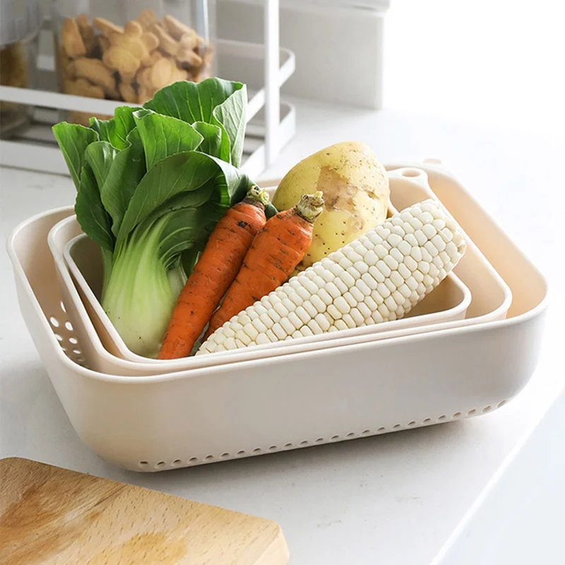 

3pcs/set Plastic Drain Basket Kitchen Bowl Vegetable Fruit Washing Strainer Tray Kitchen Vegetable Fruit Drain Storage Organizer