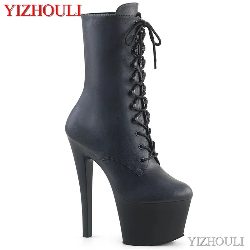 Shiny PU ankle boots, 17cm high-heeled shoes with round head, sexy pole dancing shoes on the nightclub stage