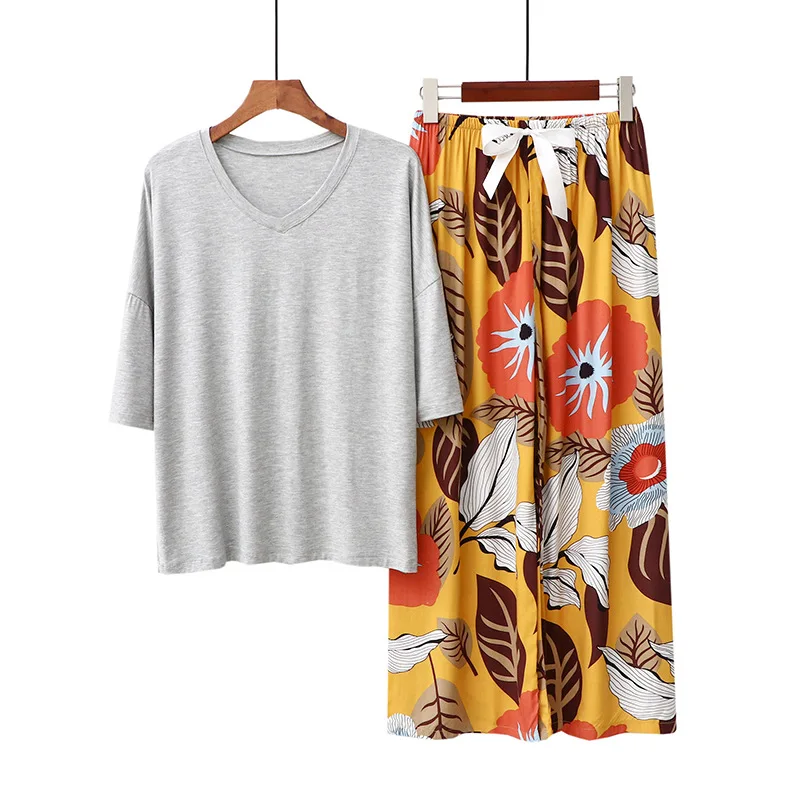 

Casual Print Women's Pajamas Set Summer Loose Homewear Cotton Sleepwear Suit Modal Soft Pijamas Female Nightwear Pyjama Femme