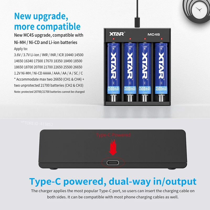 Зарядное устройство XTAR MC4S для аккумуляторов 3 7 в USB-вход зарядное 18650 10400-26650 1 2 Ni-MH/CD