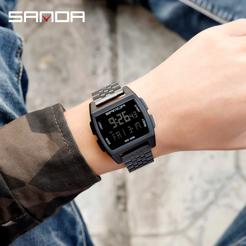 Часы SANDA мужские электронные спортивные светодиодные цифровые в стиле милитари с