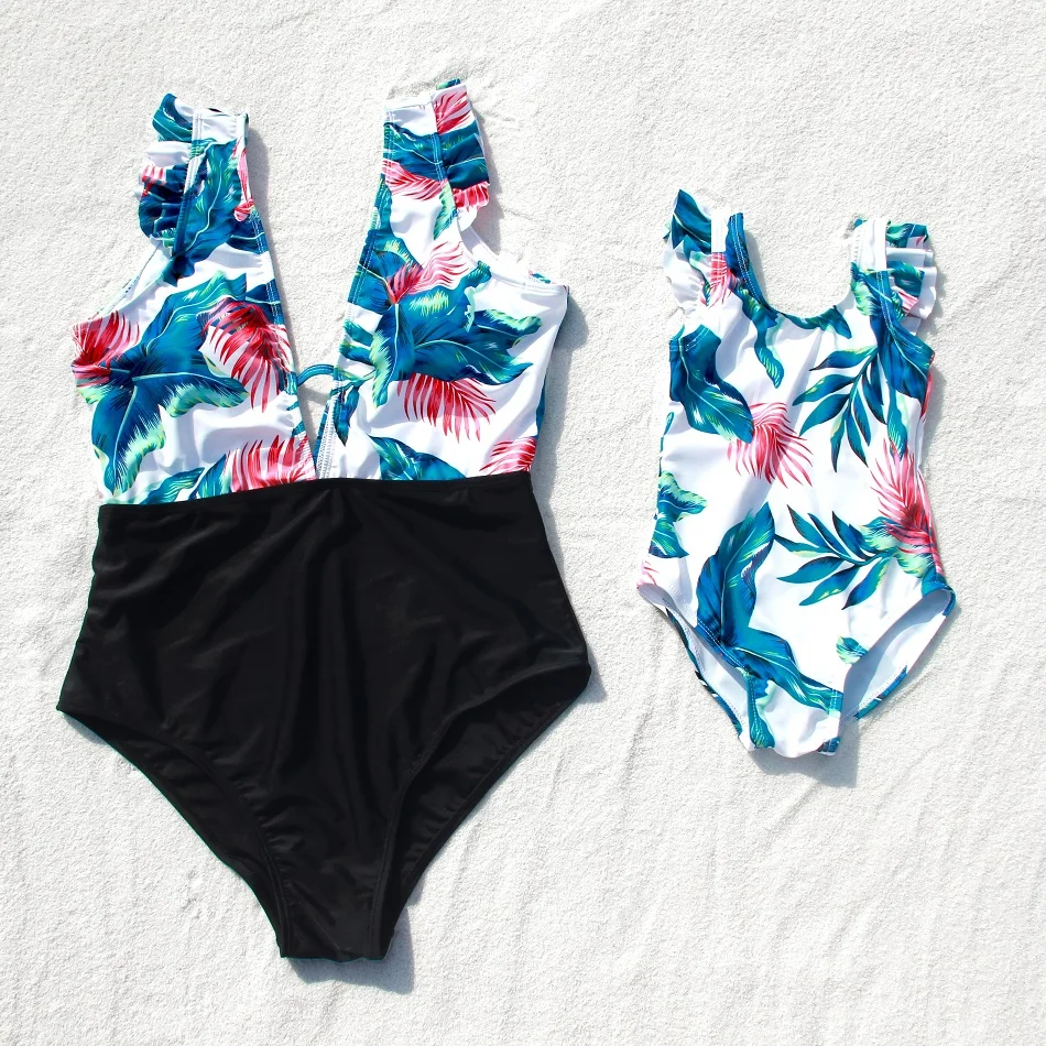 

Family Swimsuits Leaf Mother Daughter Matching Swimwear Mom Baby Mommy and Me Bikini Clothes One-Piece Women Girls Bathing Suits