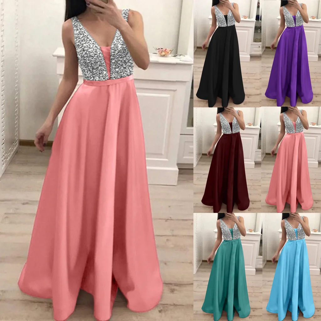 Женская мода платья с блестками без рукавов вырезом в форме буквы V длинное