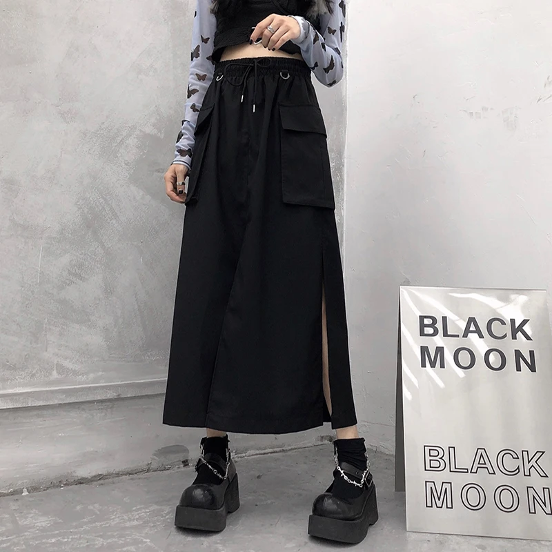 

2021 new A-line skirt female cool dark black handsome high waist sleeve tooling skirt plus size skirt
