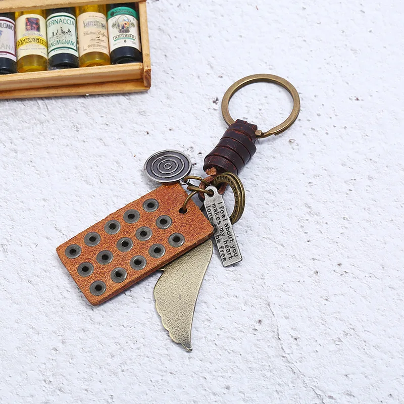 Панк мода крыло металлический брелок сплав заклепки кулон кожаная цепочка для