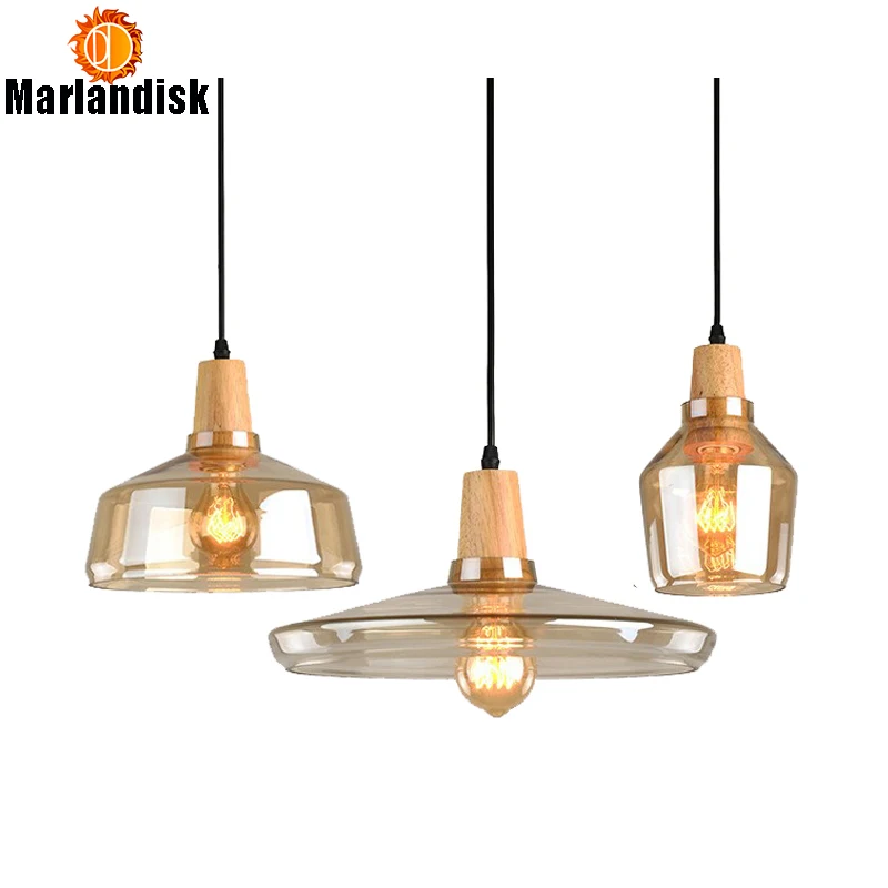 

Nordic Glass Pendant Lamp Led Wood Lighting Aisle Loft Indoor Bar Deco Modern Retro Vintage Grey/Amber/Clear Bedroom Lamp(DY-25)