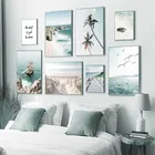 Плакат с изображением летних каникул пляжа Морского Пейзажа и дельфинов пальмового моста на голубом холсте, настенная живопись, картины для декора