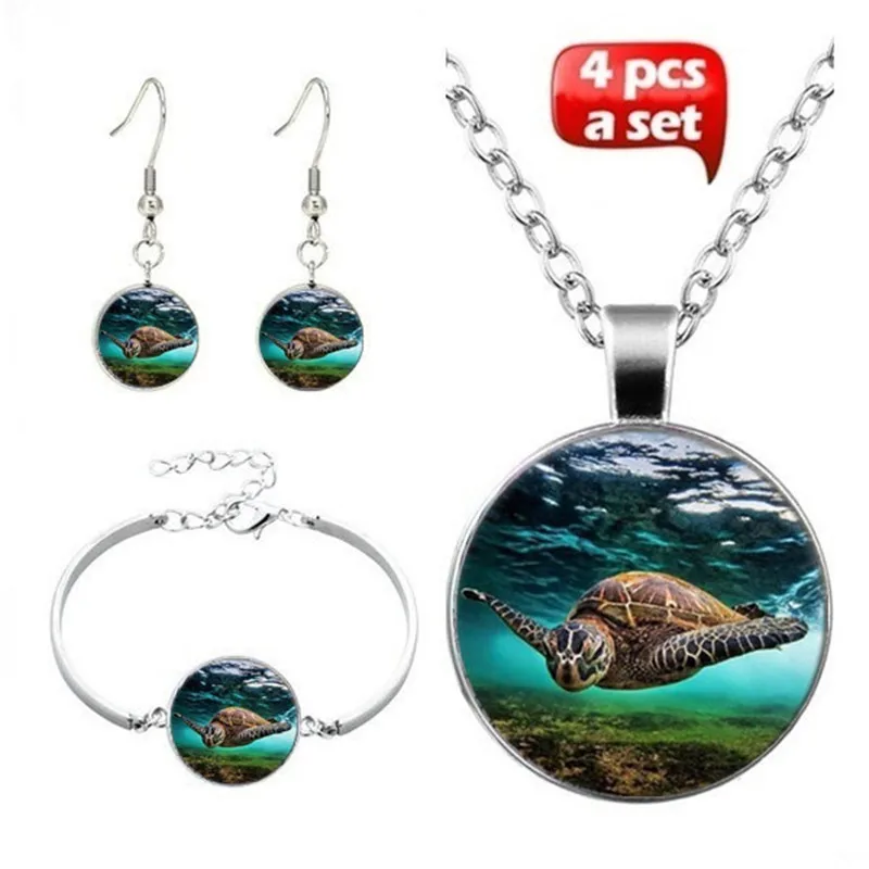 

Sea Turtle Art Photo Jewelry Set Cabochon Glass Pendant Necklace Earring Bracelet Totally 4 Pcs for Women's Girl Fashion Gifts