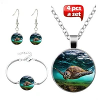 sea turtle art photo jewelry set cabochon glass pendant necklace earring bracelet totally 4 pcs for womens girl fashion gifts