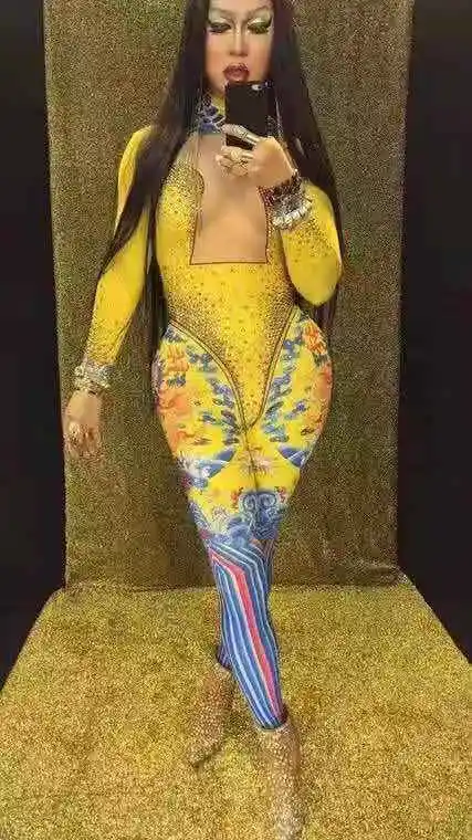 

Sexy Overalls For Women Gold Diamond Blue Dragon Print Jumpsuit 2021 Stage Singer Outfit Birthday Celebrate Evening Party Wear
