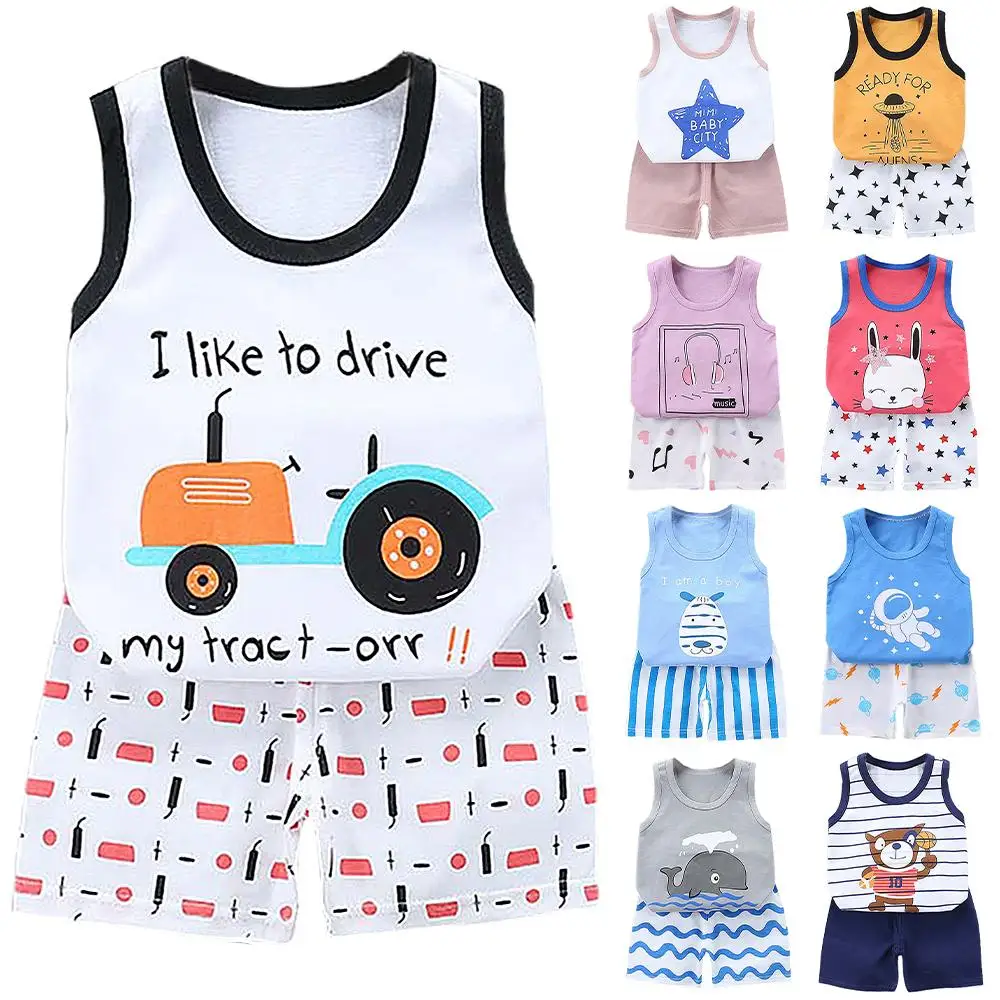 

Cartoon Printed Sleeveless Tops Shorts Two Piece Set Kids Boys Hirls Cotton Summer Outfits Korean Version Kids Clothing