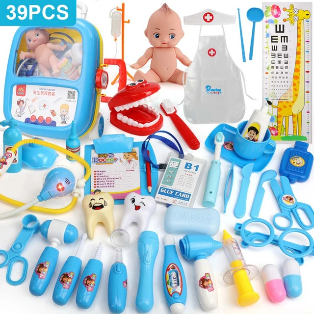 39PCS Blue Case Set 21-39 шт., детские игрушки для ролевых игр, набор для доктора, медицинский набор для моделирования с портативным чемоданом, игрушки для ролевых игр для девочек, инструмент для зубного врача - Цвет: 39PCS Blue Case Set