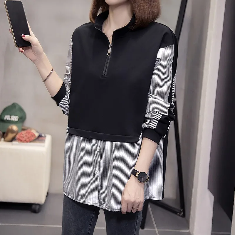 

Autumn clothing plus fertilizer 100 kg plus size Fake Two Piece women's loose striped stitching shirt long-sleeved Sweatshirts