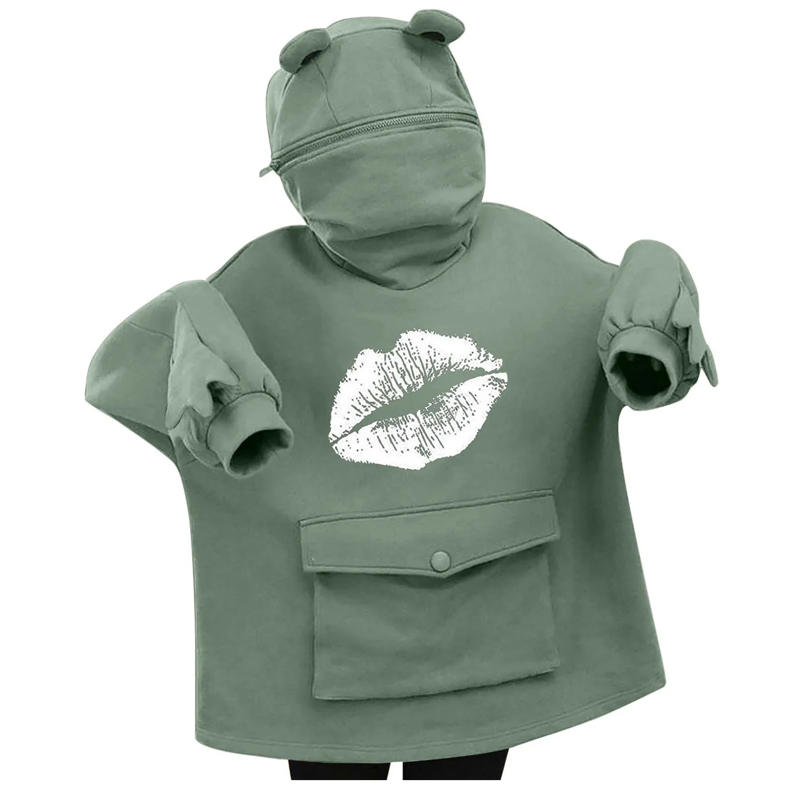 Women's Long Sleeve kawaii Frog-Design Prints Pockets Sweatshirt Pullover Tops mujeres sweetshirts sudaderas con capucha