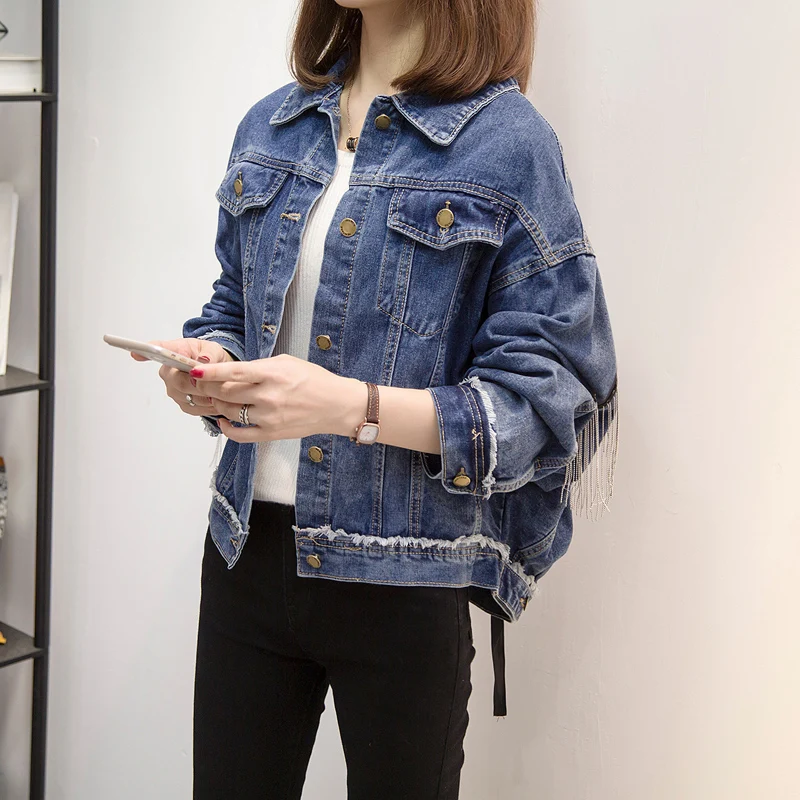 

tassel 2021 Women Bat sleeve short loose burr denim jacket Female Fashion new boyfrieds outwear Autumn Streetwear jean coat