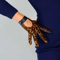 touchscreen real leather gloves female 19cm pure sheepskin fashion leopard black patchwork wrist button women gloves wzp56