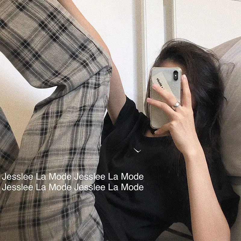 

Harajuku/женские штаны в клетку для женщин в Корейском стиле Стиль более Размеры брюки с широкими штанинами 2021 модные брюки в клетку размера плю...