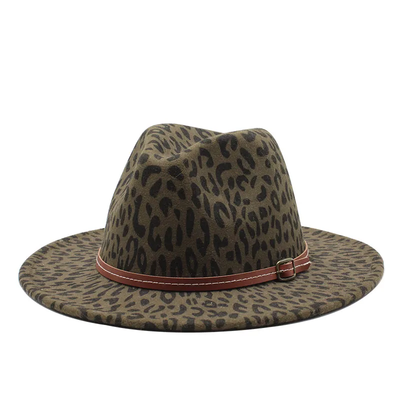 

Seioum Men Women Wide Brim Wool Felt Fedora Panama Hat with Belt Buckle Jazz Trilby Cap Party Formal Top Hat In Leopard print