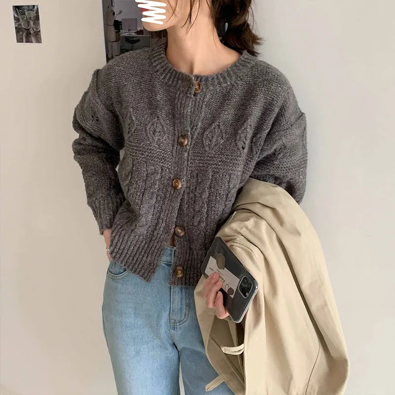 

Korean New Hemp Flower Knitted Cardigans Sweaters Women Autumn Winter Casual Round Neck Short Sweaters Coats