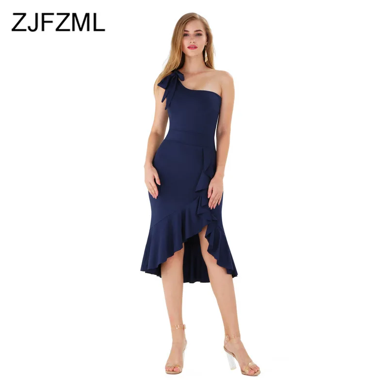 

One Shoulder Sexy Party Trumpet Dress Women Backless Ruffles Bow Bodycon Elegant Dress Summer Ladies Solid Irregular Midi Dress