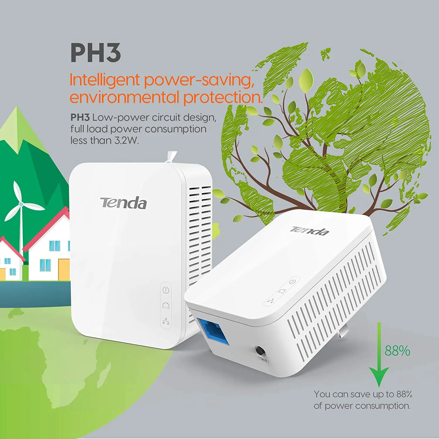 Комплект адаптеров Tenda PH3 AV1000 1 порт Gigabit Powerline до 1000 Мбит/с P3 Ethernet PLC|Сетевые