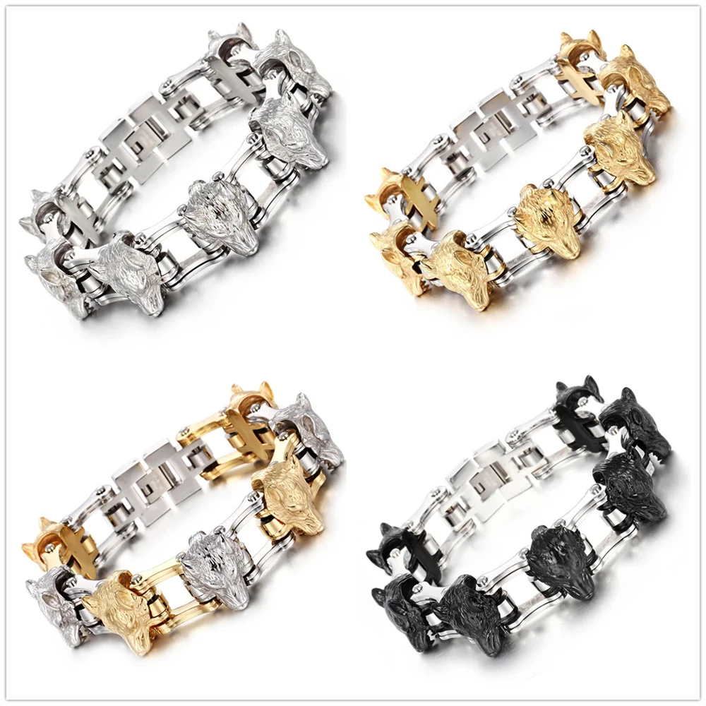 

4 Color Choose! Hyperbole Cool Hip Hop 316L Stainless Steel Wolf Head Bicycle Link Chain Men's Bracelet Bangle 8.26"(21cm) ,21mm