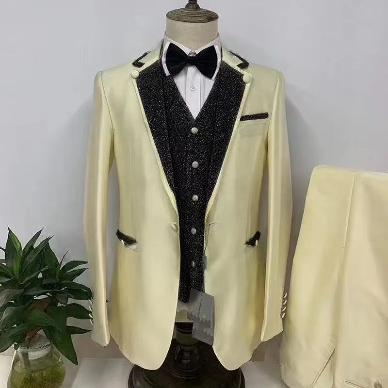 

Latest design Custom made Shiny Black with Beige wedding suits for men slim fit suit groom best man party tuxedo 3 piece Blazer