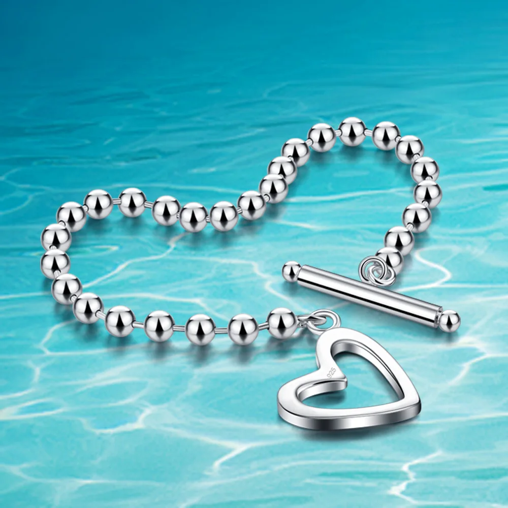 Женский браслет из серебра 925 пробы с подвеской в виде сердца|Гибкие и жесткие