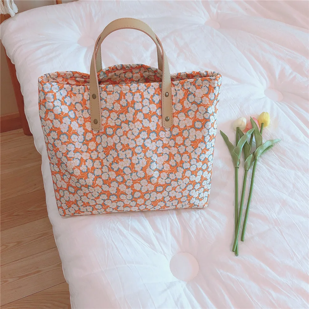 

Floral Cotton Bag Women Elegant Handbag Leather Handle Female Square Tote Bag Vintage Thickened Zipper Handbags Mommy Handbag