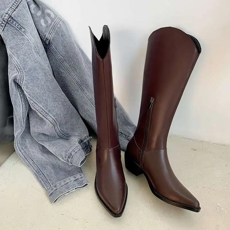 

Vichelo Hot natural leather pointed toe high heel winter shoes keep warm simple style solid mature elegant knee-high boots L25