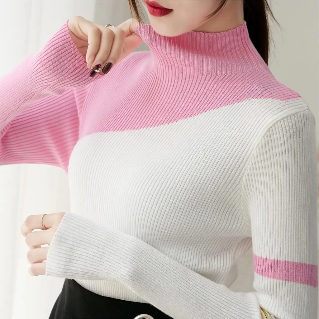 

Women knitted cotton 2019 Women Sweater Autumn and Winter New Turtleneck Splicing color Sweater Pullover Warm Soft Full Sleeve
