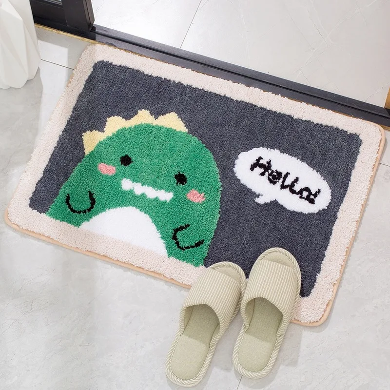 

Cartoon Dinosaur Dark Gray Bath Mat Anti-slip Doormat Machine Washable Bathroom Toilet Rug Soft Flocking Cute Printed Carpet