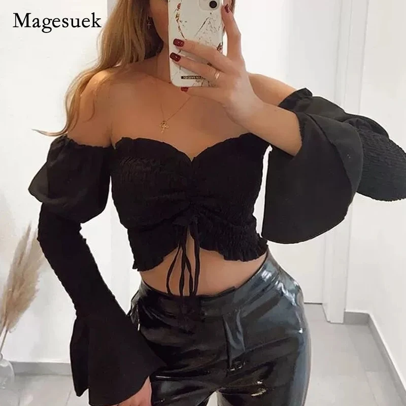 

Women Folds Slash Neck Solid Shirts Autumn New Long Sleeve Shirt Tops Elegant Sexy Drawstring Puff Sleeve White Blusas 16972