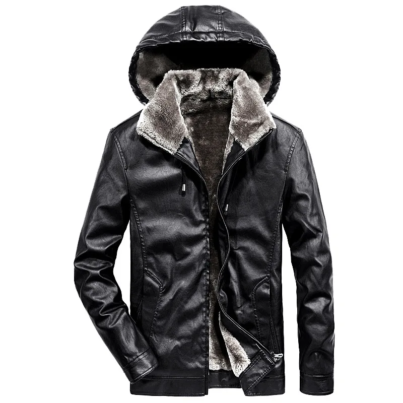 

Winter Fashion Solid Color High Quality Korean Style Men PU Leather Jacket Thick Wool Liner Motorcycle Hoodie Premium Coats Male