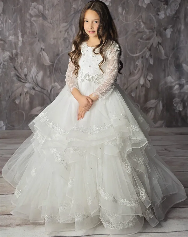 

Custom Ivory White Girls Pageant Gowns Long Sleeves Pearls Shiny Tulle Princess Flower Girl Dress First Communion Gown