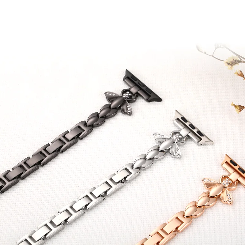 

Luxury Metal Stainless Steel Strap For Apple Watch 6 5 4 SE Strap 42mm 44mm Iwatch 3 2 1 42mm 38mm Bee Diamond Strap Accessories