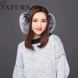 Женские меховые наушники FXFURS, модные милые большие меховые наушники из лисьего меха, теплые меховые ушанки с кожаной полкой, зимняя защита для ушей, 2020